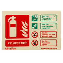 Landscape (100 x 150mm) sign for the 6ltr P50 water mist suitable for Class A and Electrical